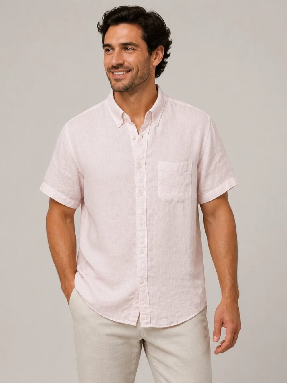 Abercrombie & Fitch 100% Linen Shirt Men XL Pink Short Sleeve Coastal Preppy